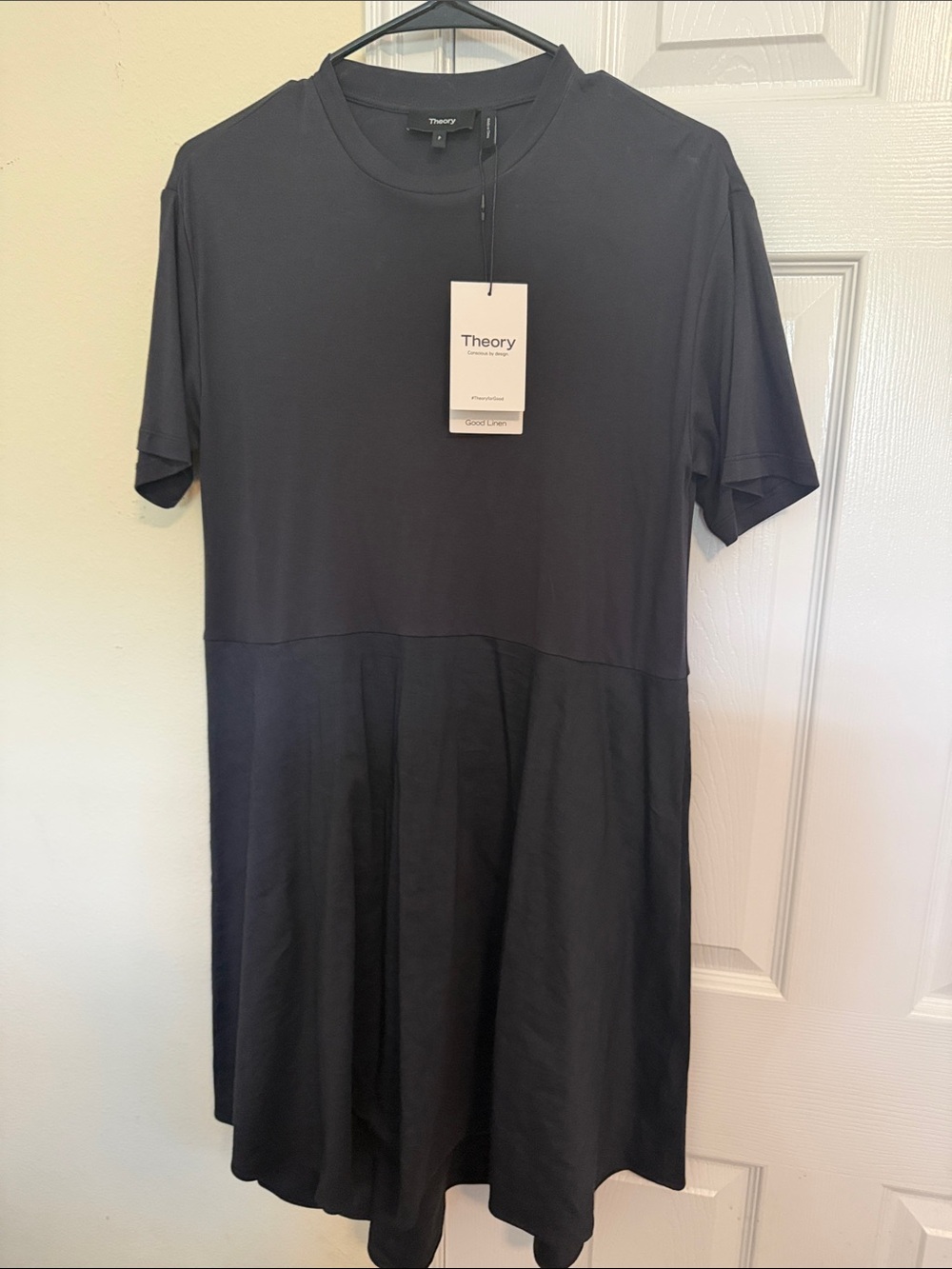 Theory Black Short-Sleeve Drop-Waist Mini Dress